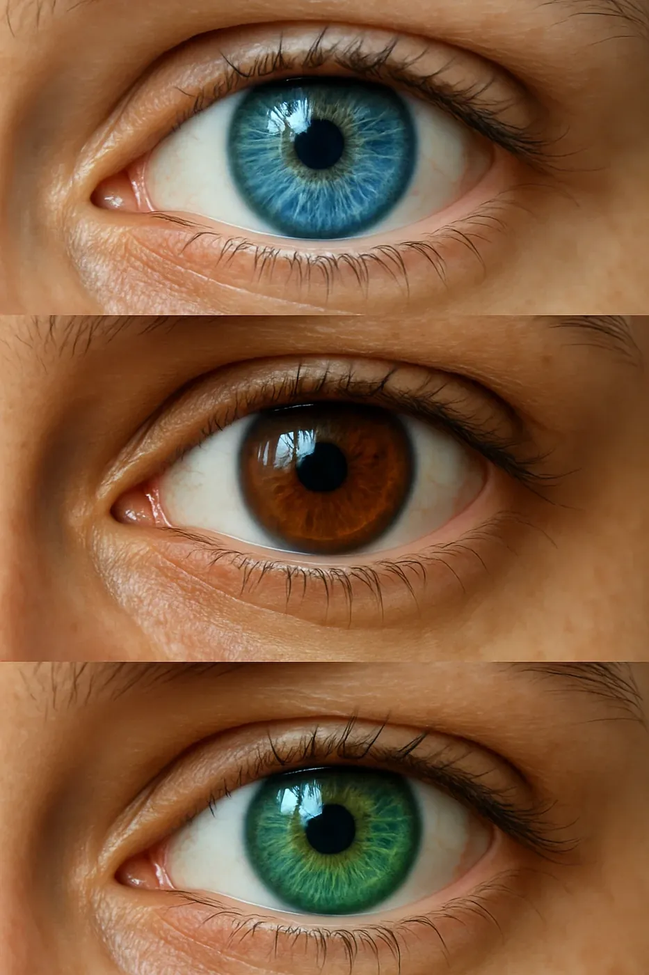 Drei Augen mit blauer, brauner und grüner Iris im Vergleich