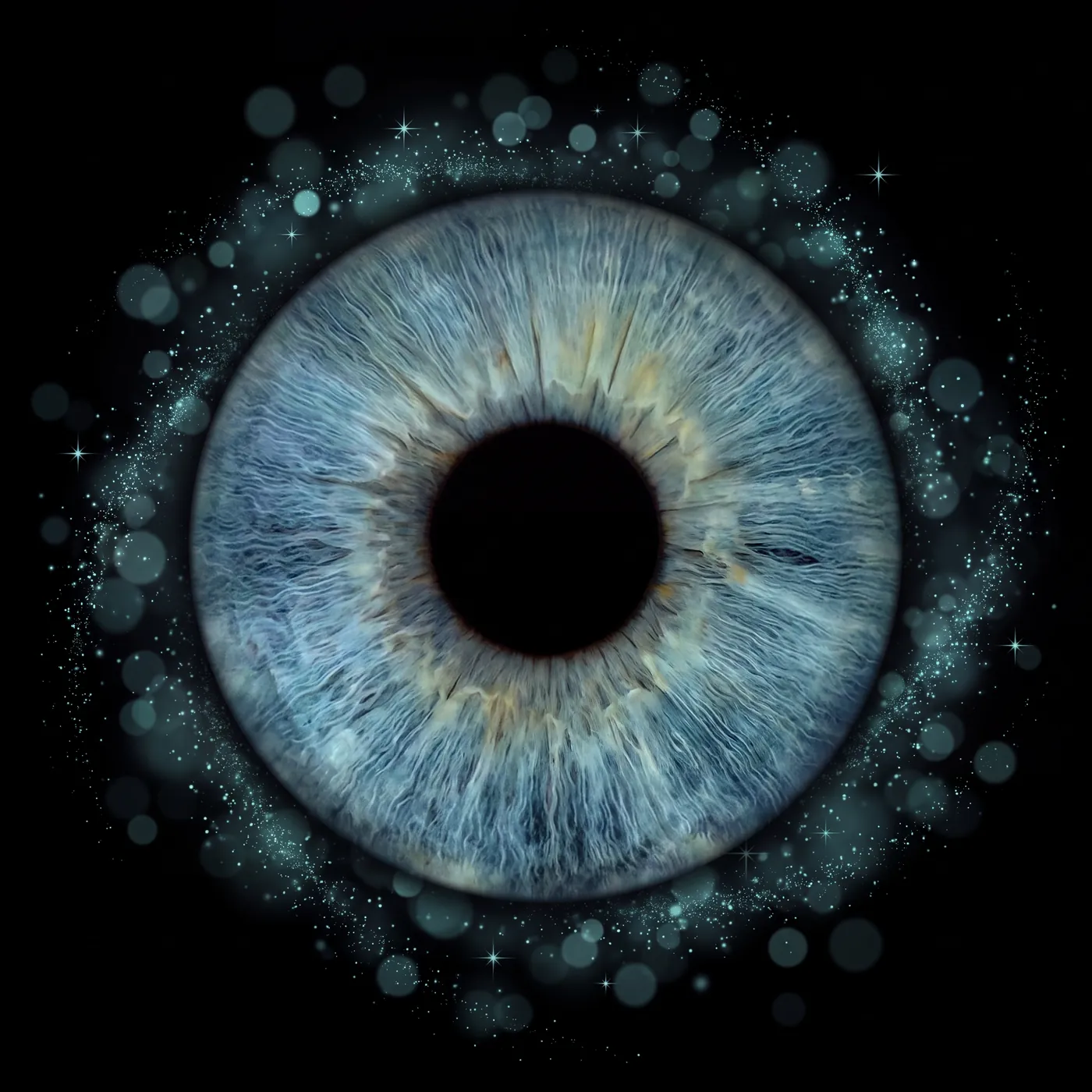 Blaue Iris mit leuchtenden Lichtpunkten auf schwarzem Hintergrund