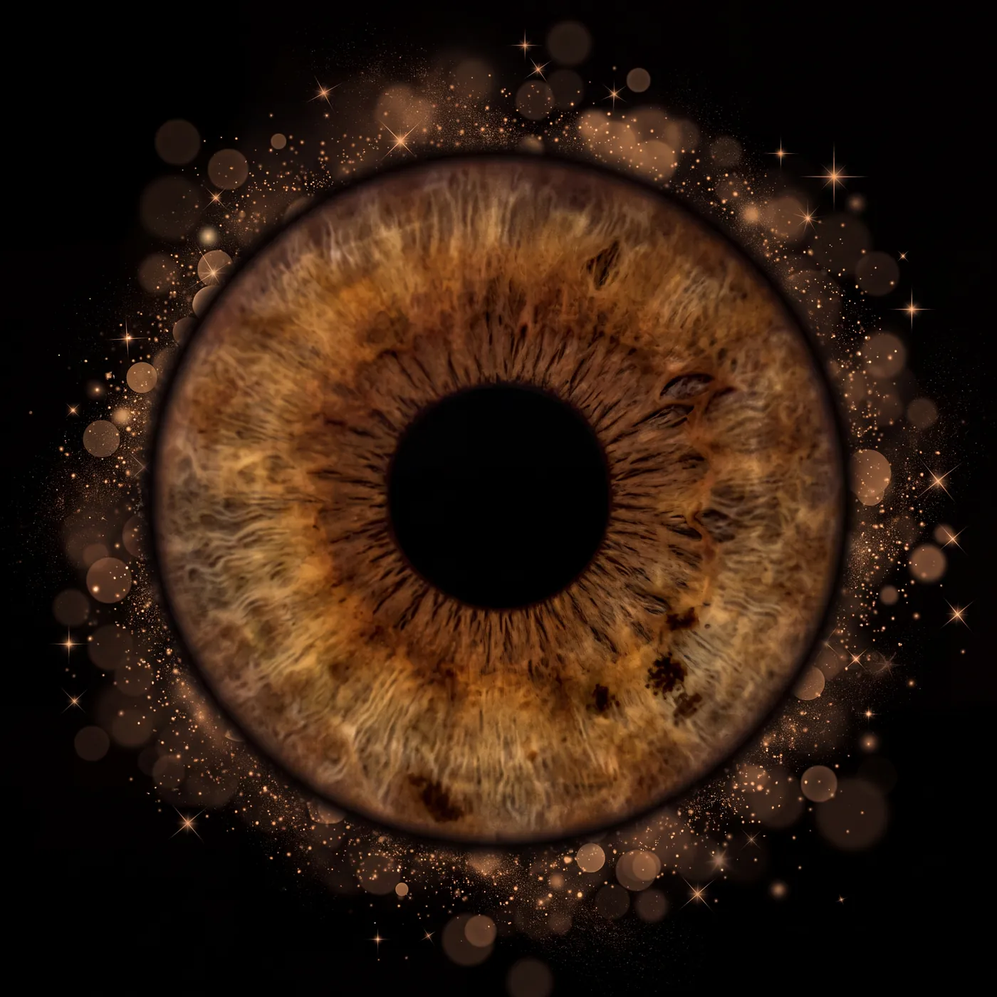 Braune Iris mit Pigmentflecken in Großaufnahme