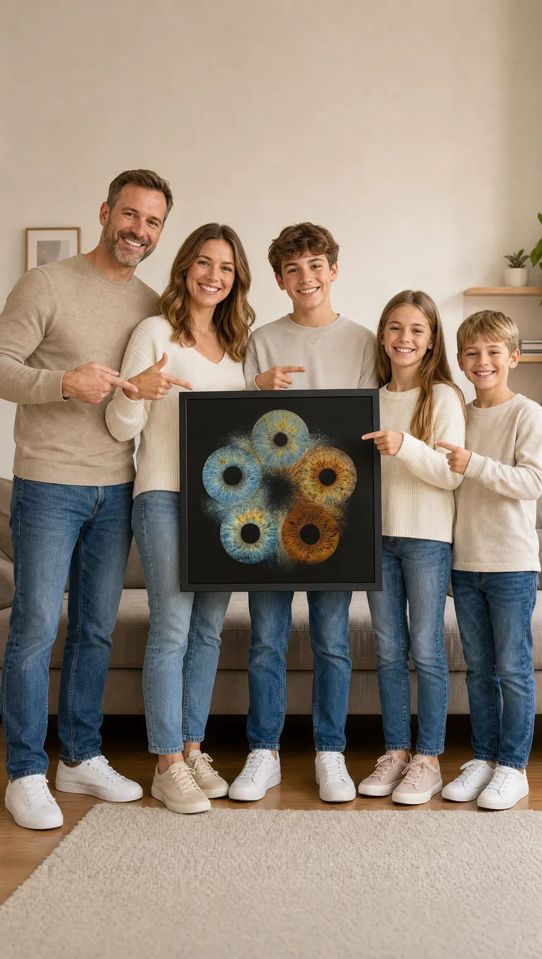 Familie hält ein gerahmtes Bild mit den Iris-Aufnahmen aller Familienmitglieder