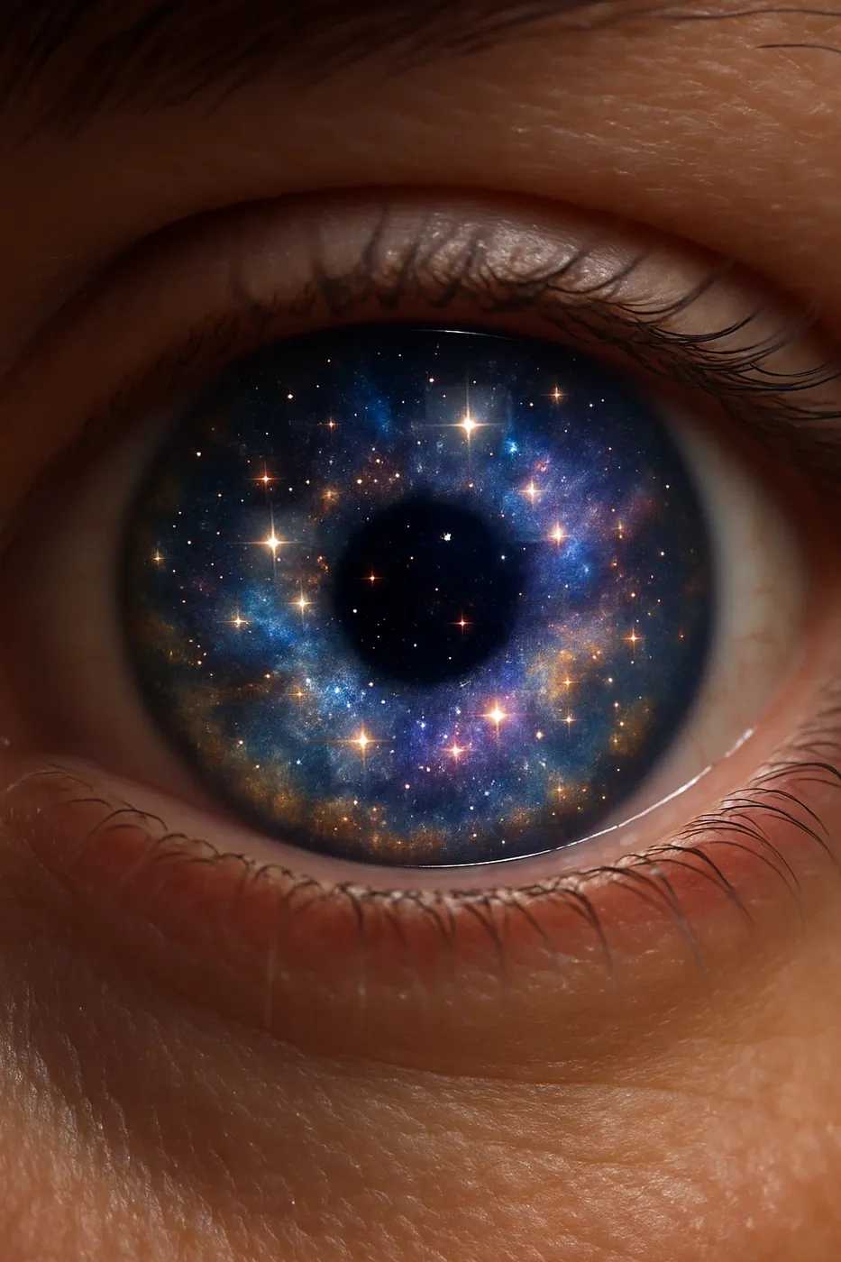 Auge mit Iris, die wie ein Sternenhimmel leuchtet