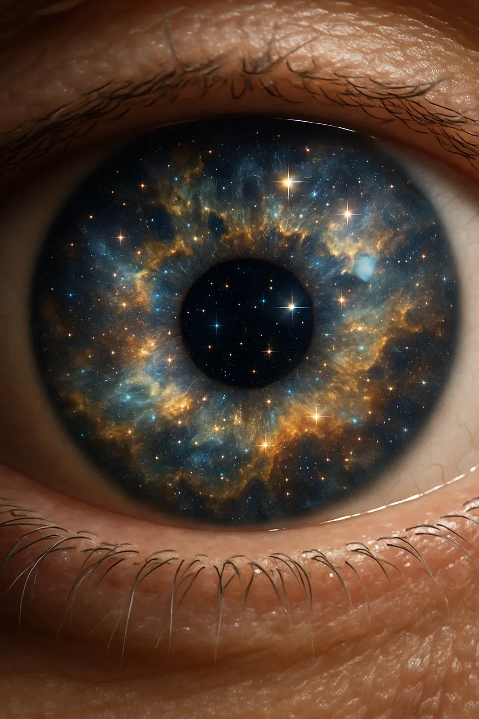 Auge, in dessen Iris sich ein Sternenhimmel spiegelt