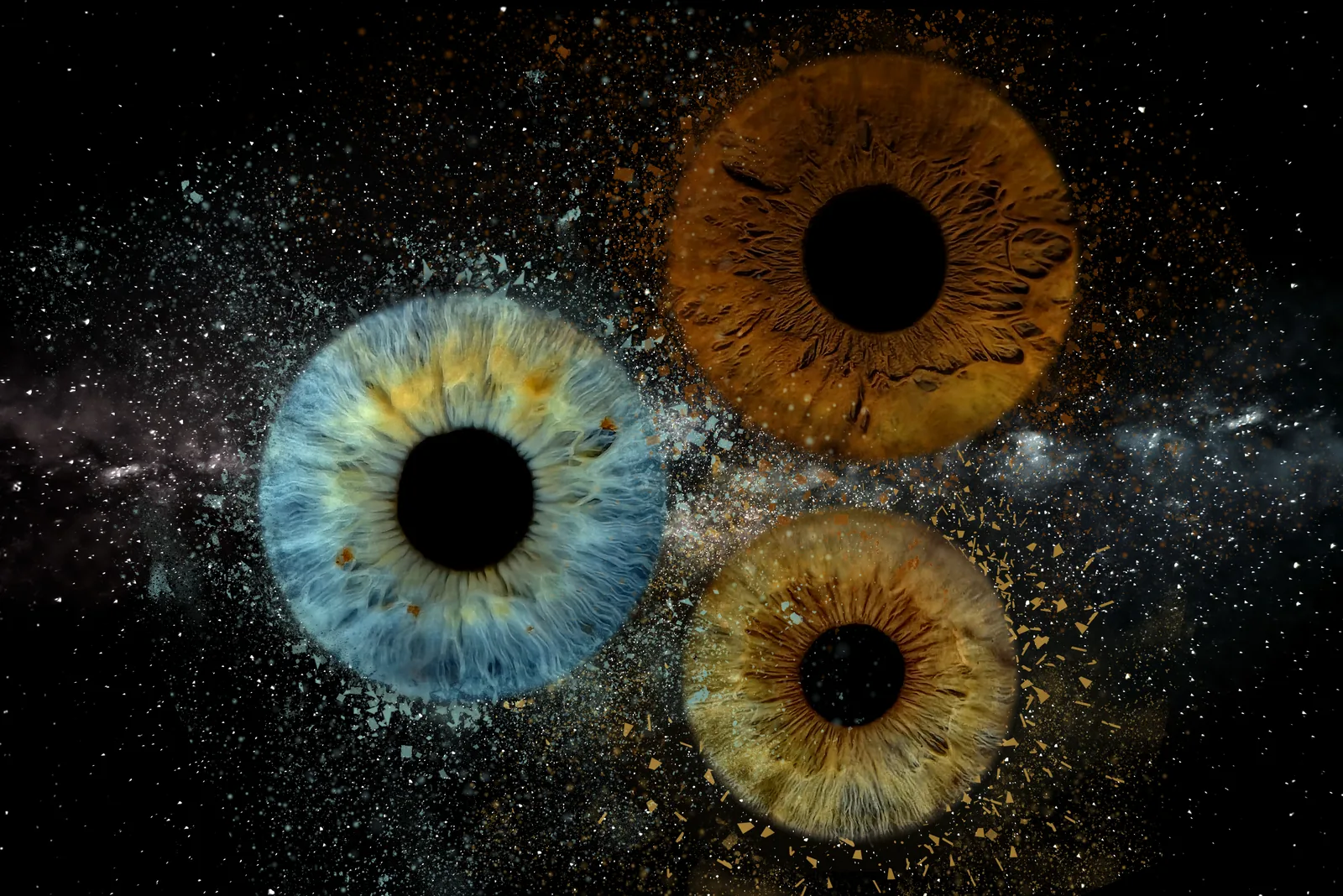 Drei Irisporträts in einer kreativen Galaxy-Komposition