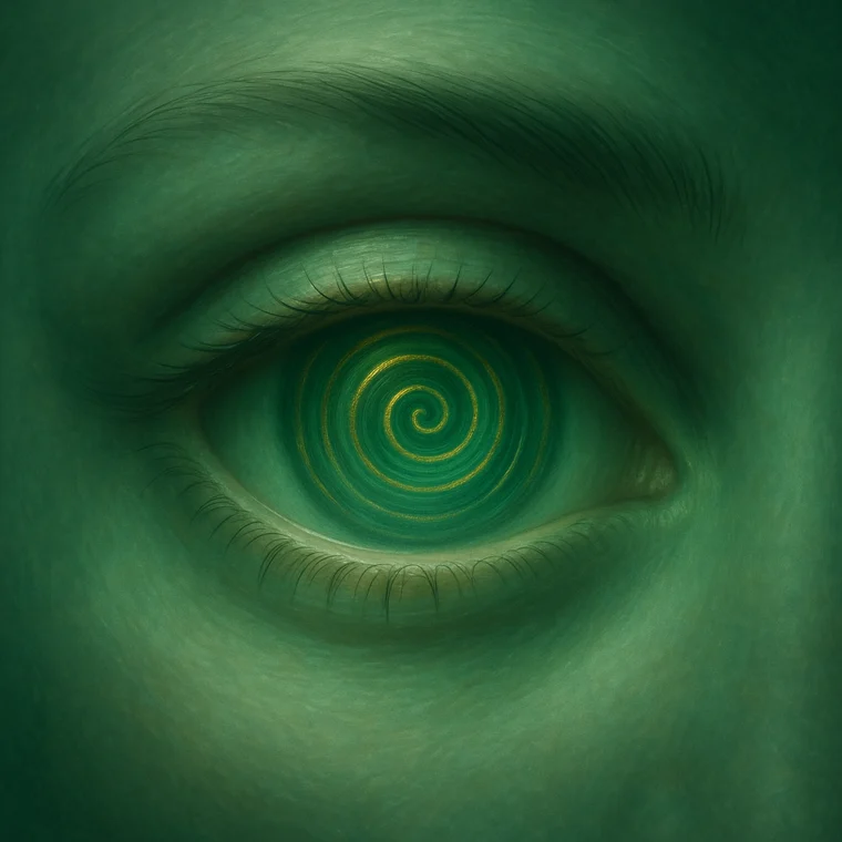 Grüne Iris mit goldener Spirale als Symbol für Hypnose