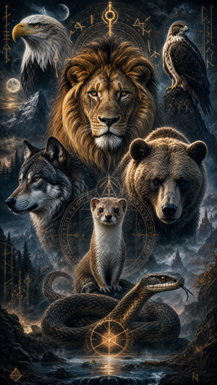 Künstlerische Tiercollage mit Löwe, Bär, Wolf, Greifvögeln, Otter und Schlange