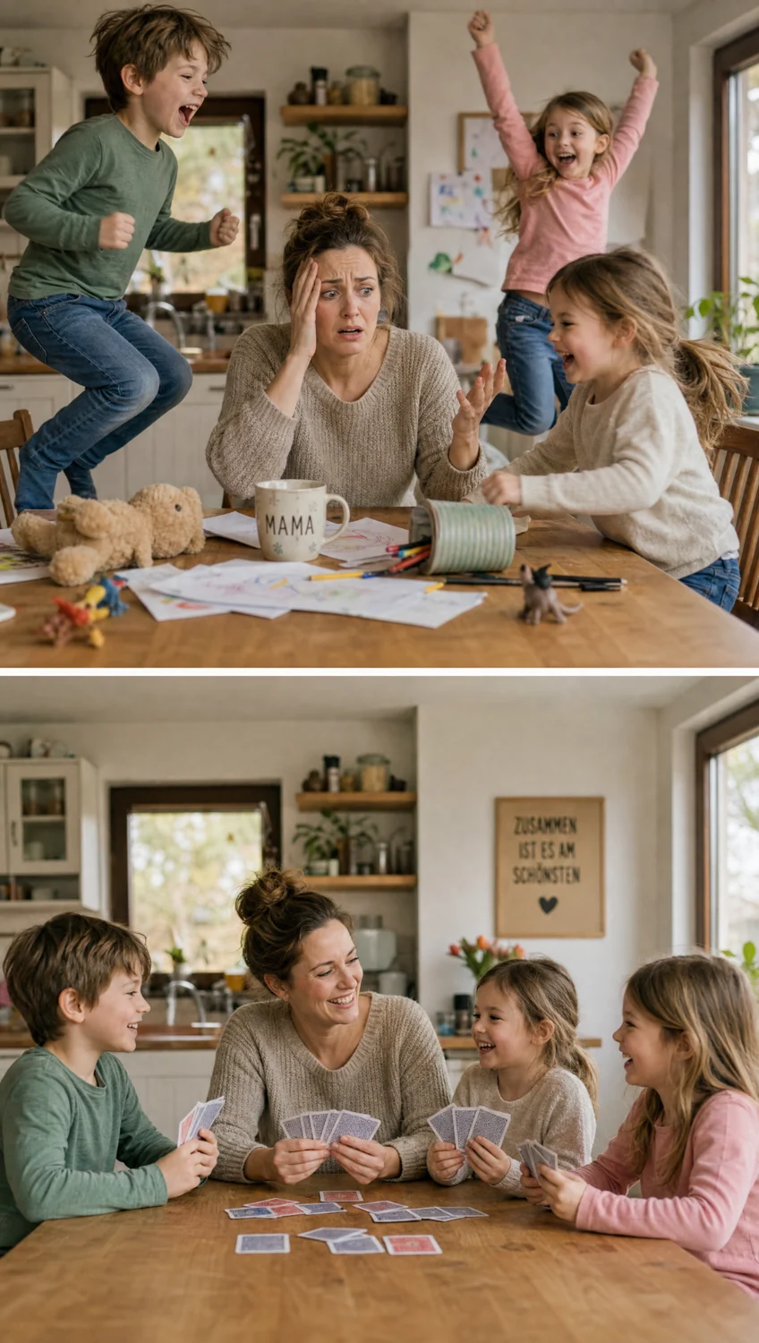 Zwei Familienszenen: eine Mutter zwischen tobenden Kindern und ein gemeinsamer ruhiger Moment beim Kartenspielen