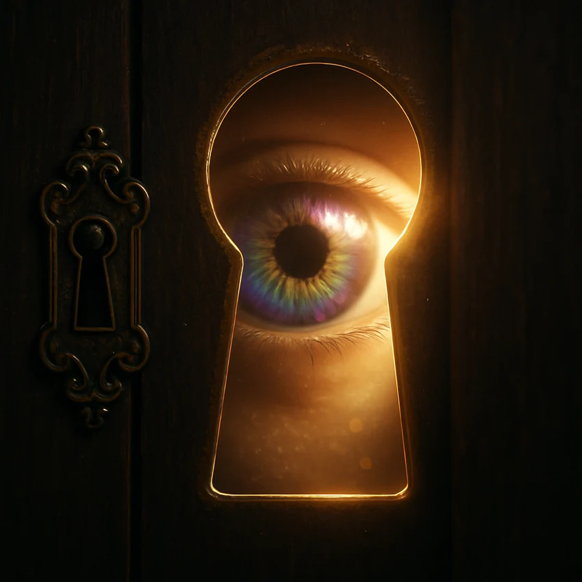 Künstlerisches Irisbild in einem goldenen Schlüsselloch