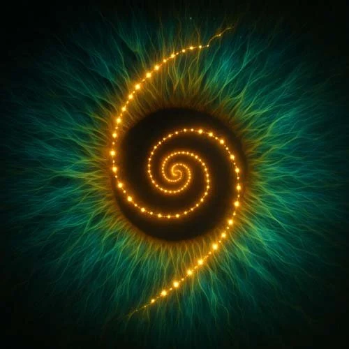 Türkisgrüne Iris mit goldener Lichtspirale als Symbol für persönliche Entwicklung