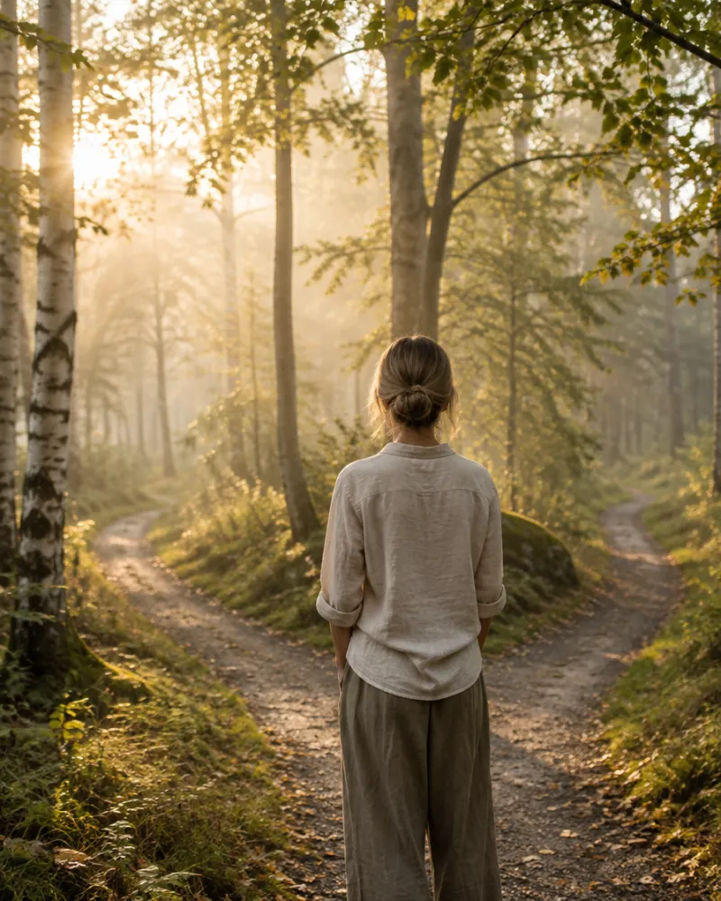 Frau von hinten an einer Weggabelung im Morgenlicht