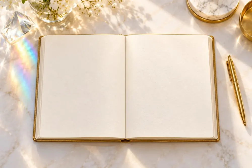 Offenes Buch mit einem animierten Astrokartographie-Beispiel zu beruflichem Erfolg und Liebe
